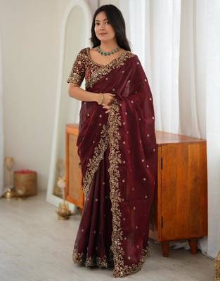 Maroon silk blend sequins work embroidered saree 2