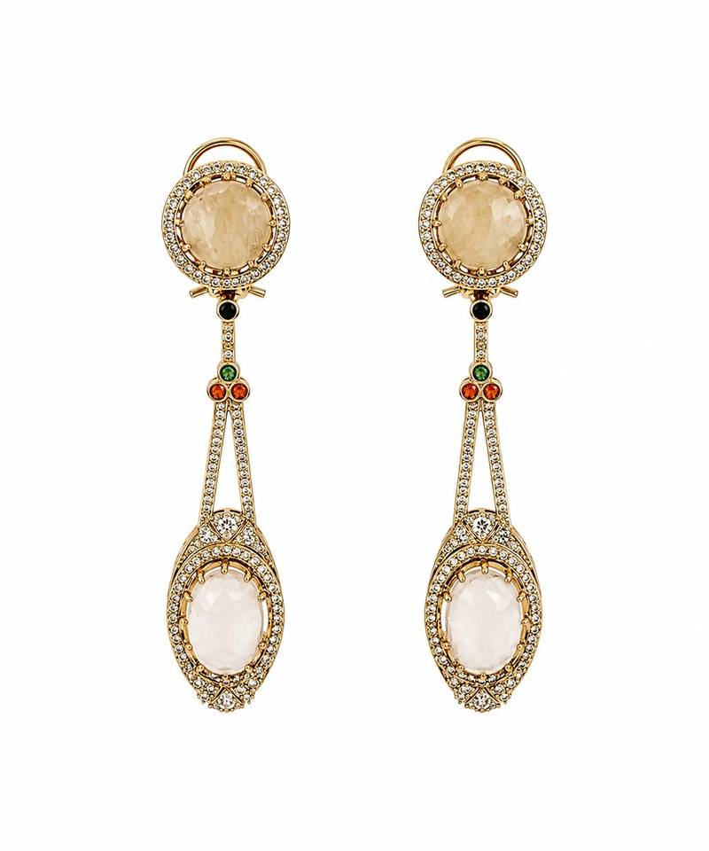 Gold plated ivory semi precious dual stone drop earrings