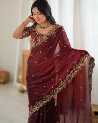 Maroon silk blend sequins work embroidered saree 3