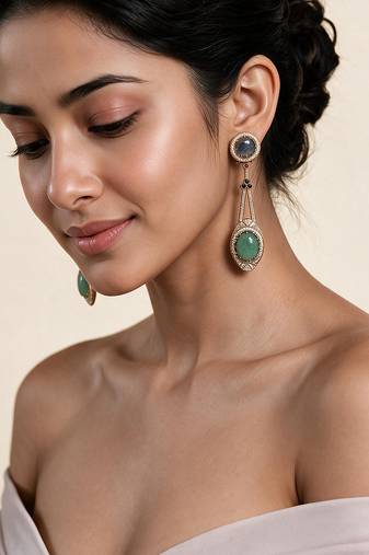 Slate blue and jade green semi precious stone drop earrings