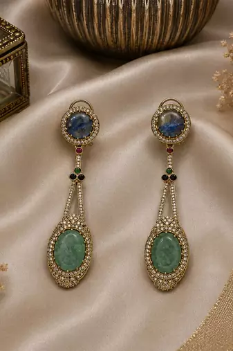 Slate blue and jade green semi precious stone drop earrings