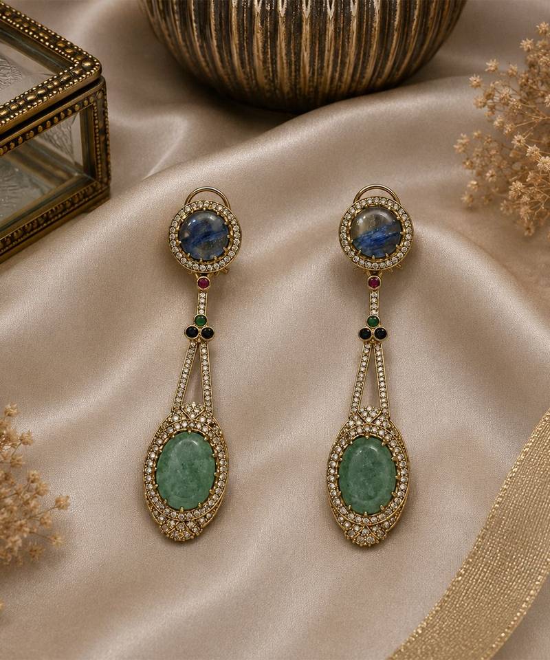 Slate blue and jade green semi precious stone drop earrings