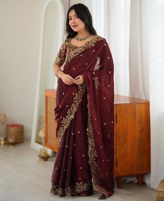Maroon silk blend sequins work embroidered saree 4