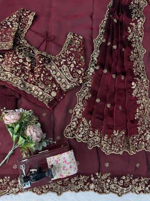 Maroon silk blend sequins work embroidered saree 5