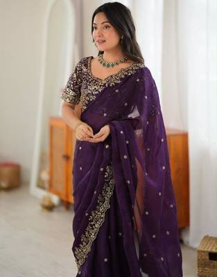 Dark-purple silk blend sequins work embroidered saree 1