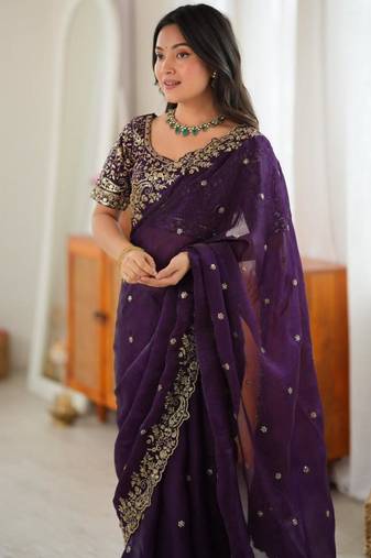 Dark-purple silk blend sequins work embroidered saree