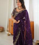 Dark-purple silk blend sequins work embroidered saree