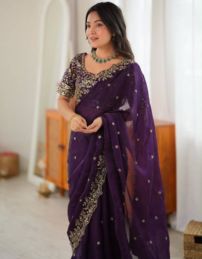 Dark-purple silk blend sequins work embroidered saree