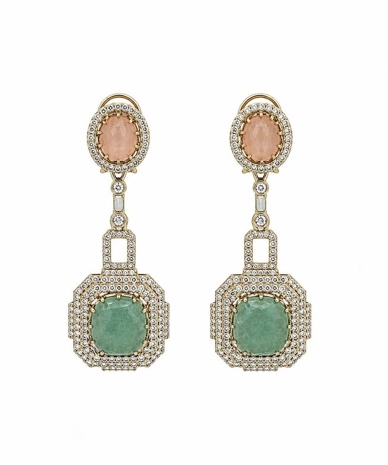 Blush pink and sage green semi precious stone statement earrings