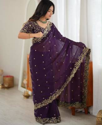 Dark-purple silk blend sequins work embroidered saree 2