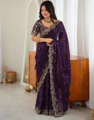 Dark-purple silk blend sequins work embroidered saree 3