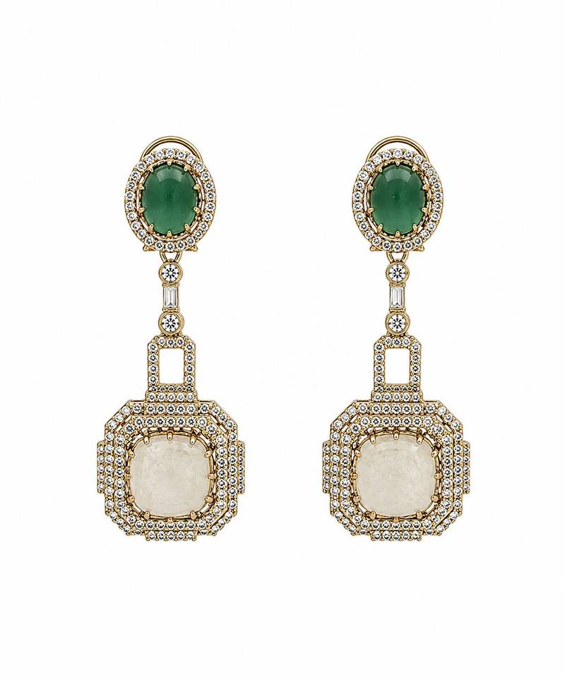 Emerald green and ivory semi precious stone statement earrings
