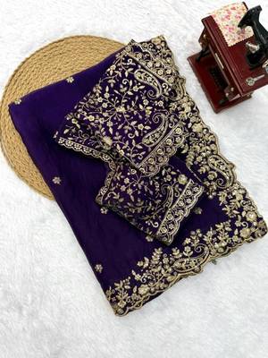 Dark-purple silk blend sequins work embroidered saree 4