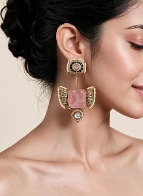 Blush pink and emerald green semi precious stone statement earrings 1