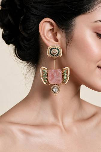 Blush pink and emerald green semi precious stone statement earrings