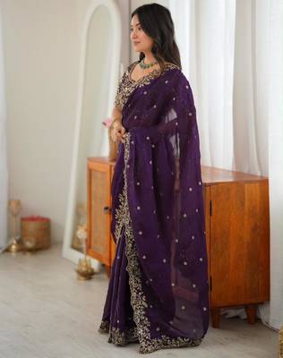 Dark-purple silk blend sequins work embroidered saree 5