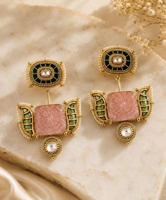 Blush pink and emerald green semi precious stone statement earrings 2