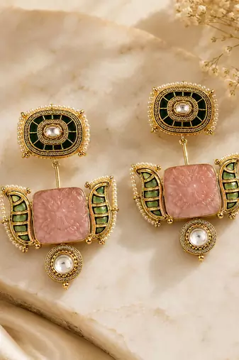 Blush pink and emerald green semi precious stone statement earrings