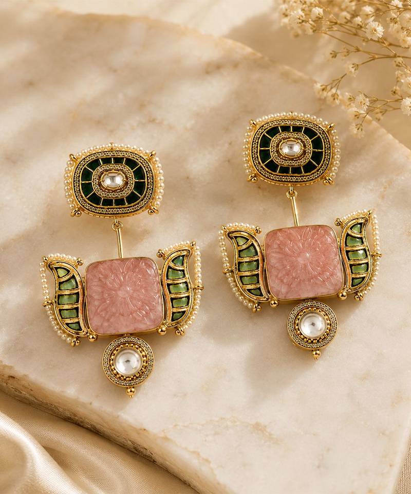 Blush pink and emerald green semi precious stone statement earrings