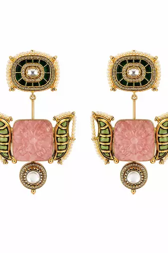 Blush pink and emerald green semi precious stone statement earrings