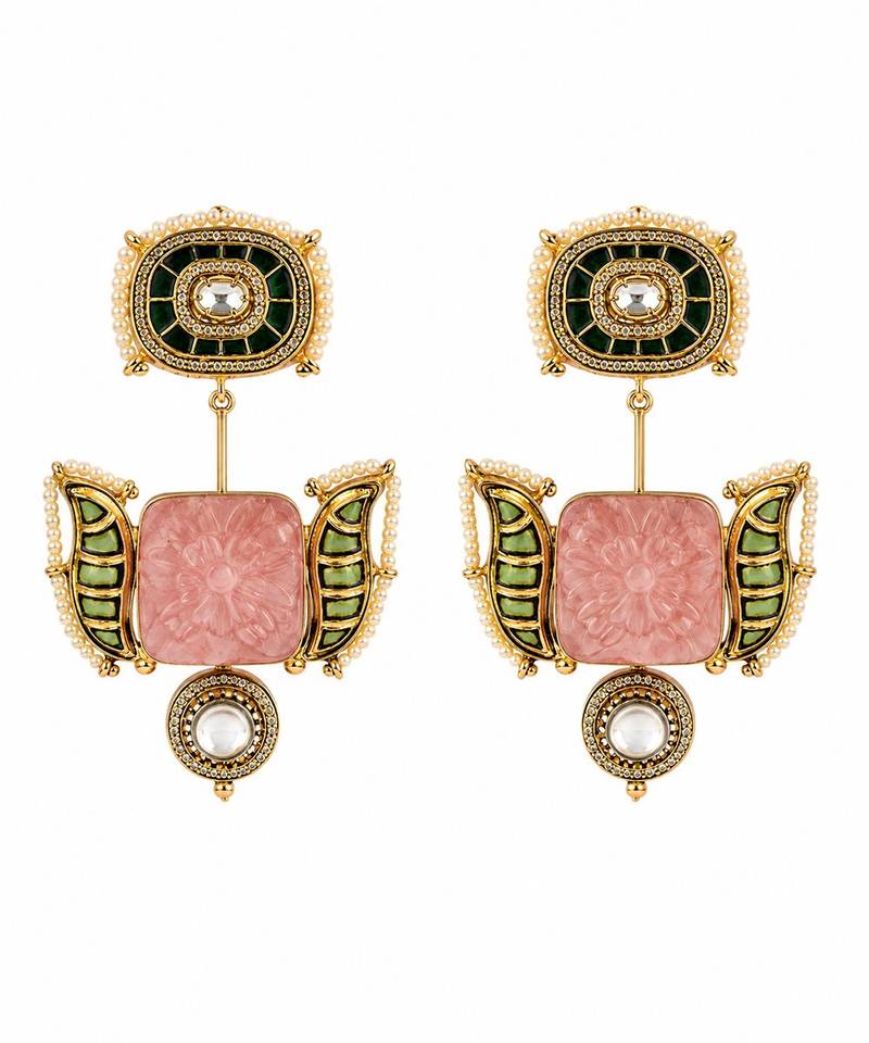 Blush pink and emerald green semi precious stone statement earrings