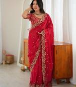 Red silk blend sequins work embroidered saree