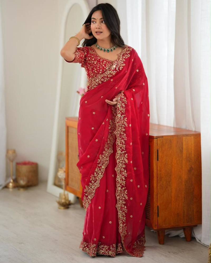 Red silk blend sequins work embroidered saree