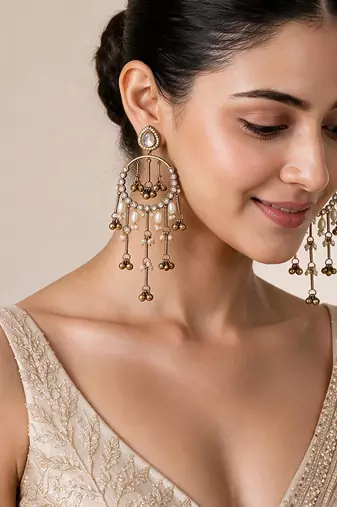 Gold plated metallic kundan tassel earrings