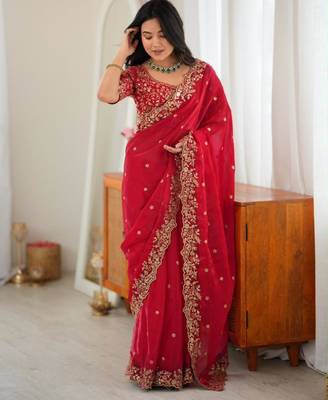 Red silk blend sequins work embroidered saree 2