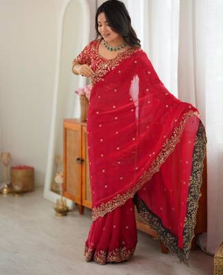 Red silk blend sequins work embroidered saree 3
