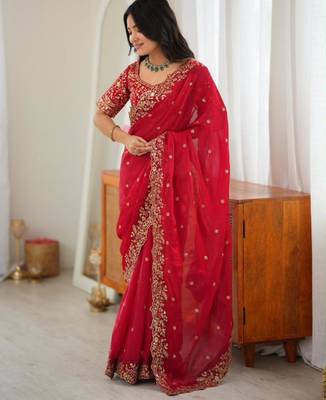 Red silk blend sequins work embroidered saree 4