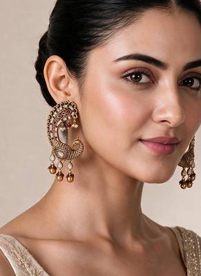 Gold plated ruby red peacock motif statement earrings 1