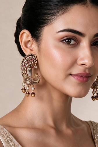 Gold plated ruby red peacock motif statement earrings