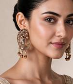 Gold plated ruby red peacock motif statement earrings