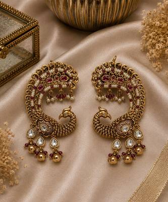 Gold plated ruby red peacock motif statement earrings 2