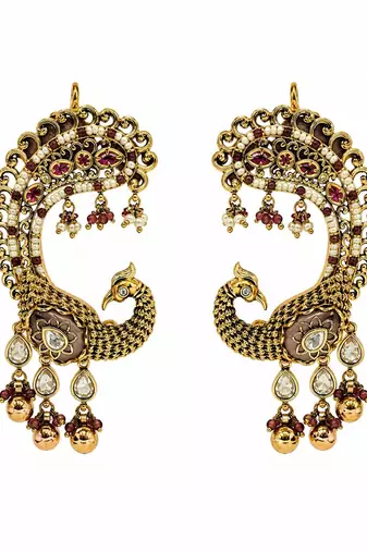 Gold plated ruby red peacock motif statement earrings