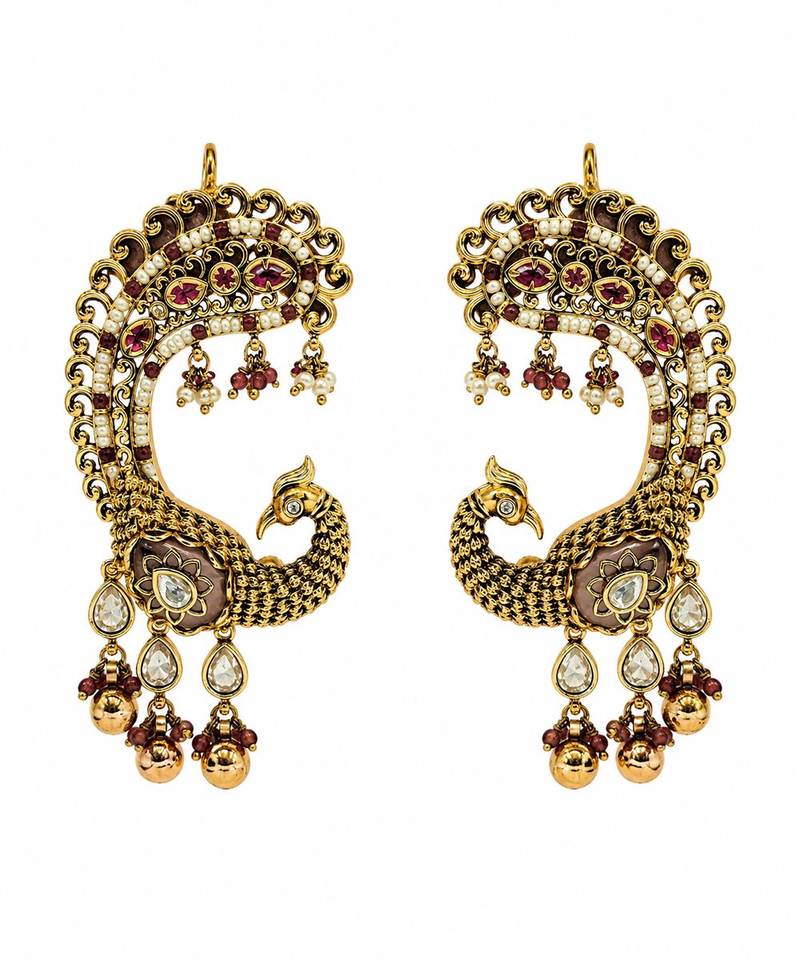 Gold plated ruby red peacock motif statement earrings