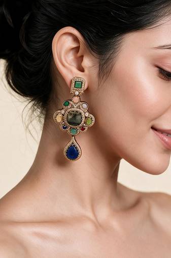 Multicolor semi precious stone statement drop earrings