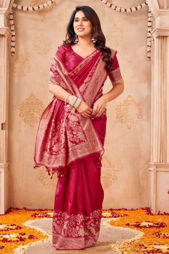 Red silk blend zari woven woven saree