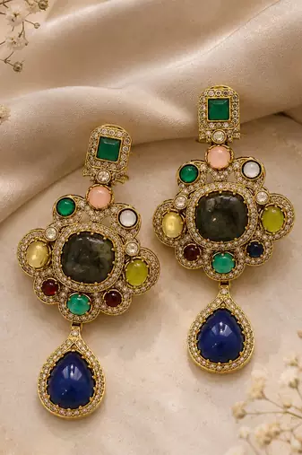 Multicolor semi precious stone statement drop earrings
