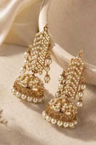 Gold plated jadau pearl jhumka statement earrings