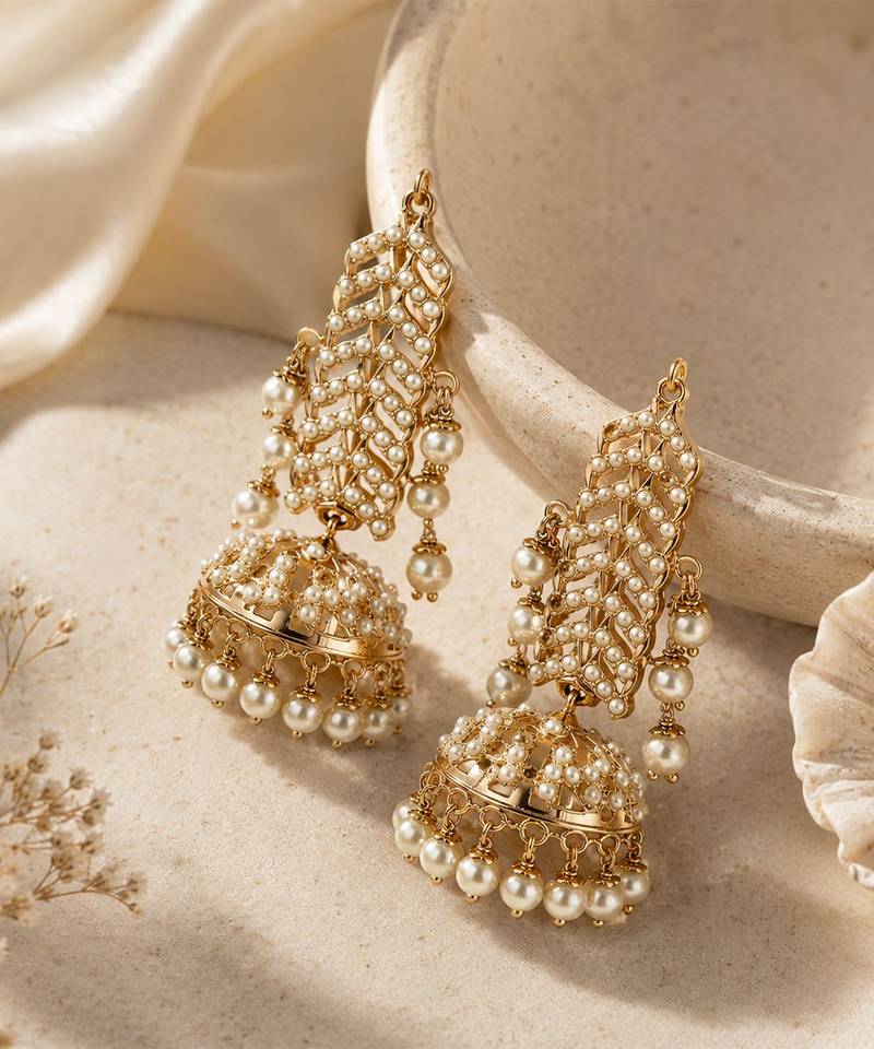 Gold plated jadau pearl jhumka statement earrings