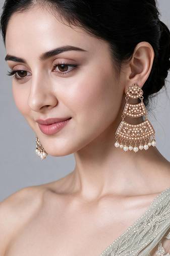 Gold plated jadau pearl tiered statement earrings