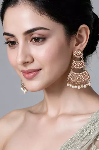Gold plated jadau pearl tiered statement earrings