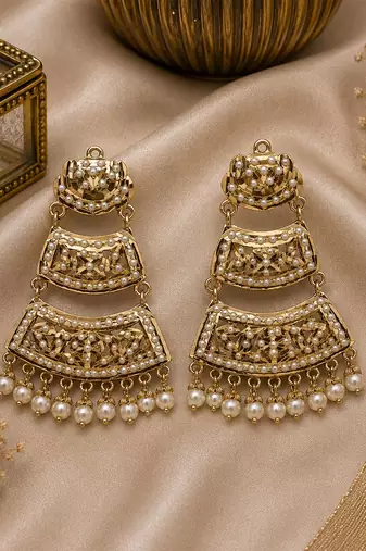 Gold plated jadau pearl tiered statement earrings