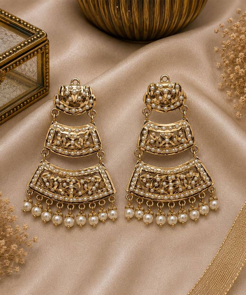 Gold plated jadau pearl tiered statement earrings