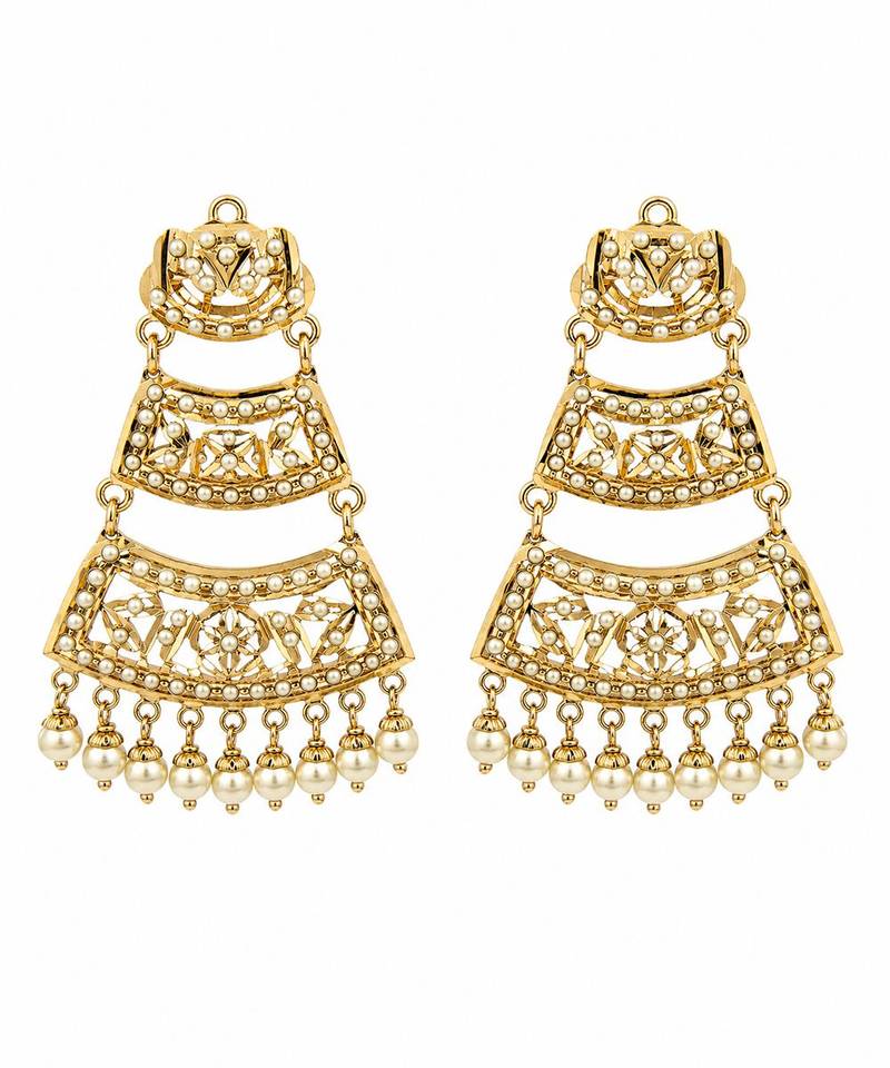 Gold plated jadau pearl tiered statement earrings