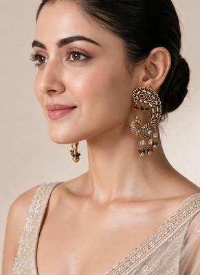 Gold plated multicolor peacock motif statement earrings 1