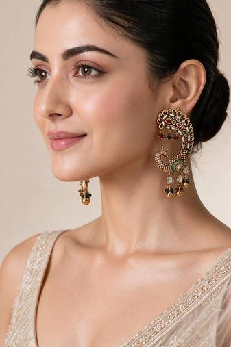 Gold plated multicolor peacock motif statement earrings