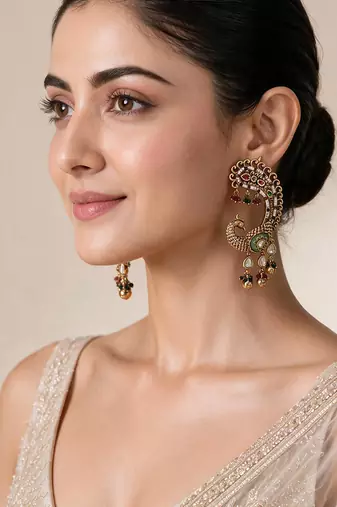 Gold plated multicolor peacock motif statement earrings
